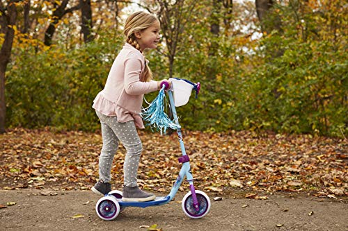 Huffy 78919 Frozen 2 Girl Scooter for Kids, Elsa & Anna Graphics, Handlebar Bin, Preschool Three Wheels & Streamers, Blue/White