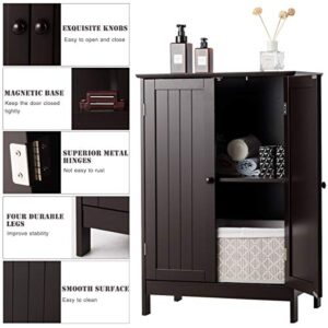 Tangkula Bathroom Floor Cabinet, Freestanding Storage Cabinet with Double Doors and Shelf, Modern Home Furniture, Wooden Home Organizer for Living Room, Bathroom Storage Cabinet, Brown