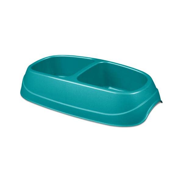 Sterilite Large Double Pet Dish, Plastic Bowl Holds Food and Water for Dogs and Cats, Dishwasher Safe, Teal, 6-Pack