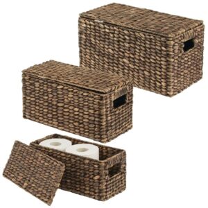 mdesign woven water hyacinth rectangle storage organizer basket bin with topper lid and handles - natural farmhouse holder containers for closet, bedroom, bathroom, office - set of 3 - dark brown
