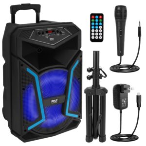 pyle portable bluetooth pa speaker system - 800w outdoor bluetooth speaker portable pa system w/ microphone in, party lights, mp3/usb, fm radio, rolling wheels - mic, remote - pyle pphp122sm,black