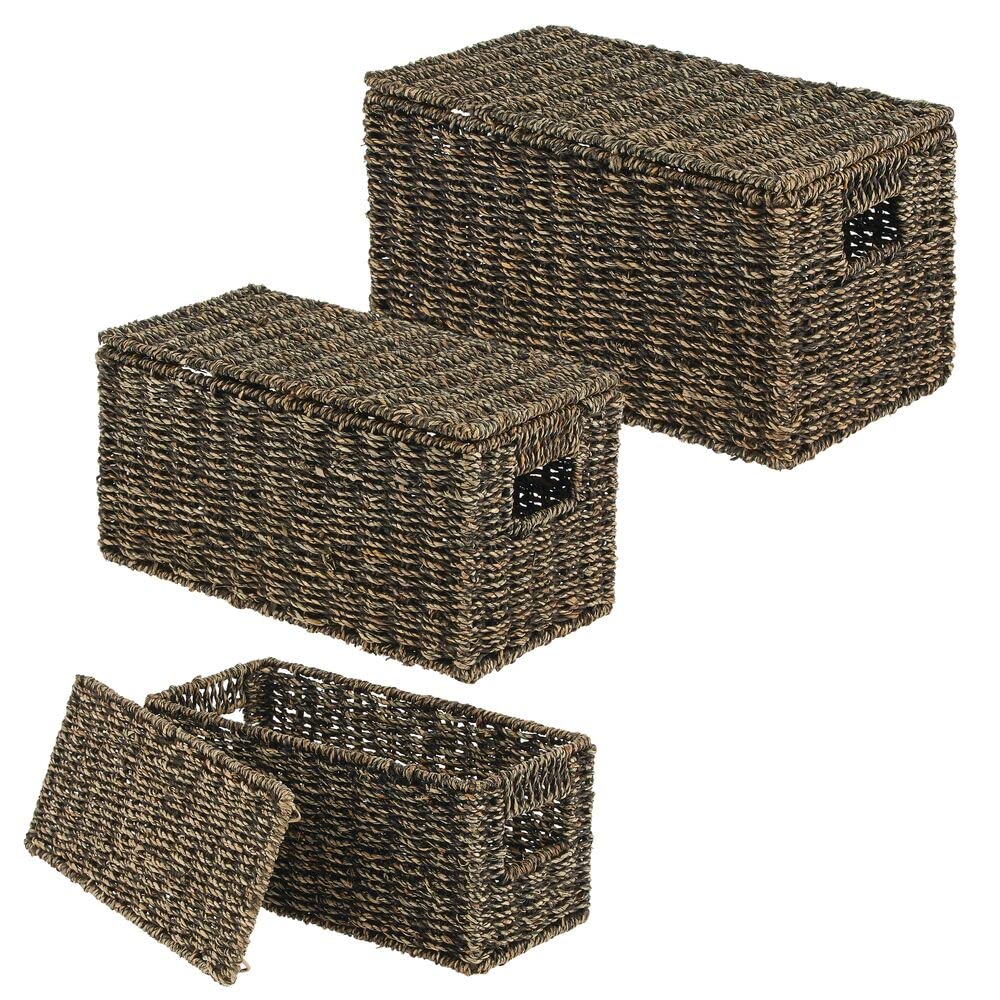 mDesign Natural Woven Seagrass Closet Storage Organizer Basket Bin with Removeable Lids to use in Closet, Bedroom, Bathroom, Entryway, Office - Set of 3 - Black Wash Finish