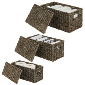 mDesign Natural Woven Seagrass Closet Storage Organizer Basket Bin with Removeable Lids to use in Closet, Bedroom, Bathroom, Entryway, Office - Set of 3 - Black Wash Finish