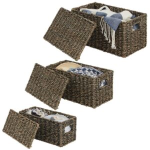 mDesign Natural Woven Seagrass Closet Storage Organizer Basket Bin with Removeable Lids to use in Closet, Bedroom, Bathroom, Entryway, Office - Set of 3 - Black Wash Finish