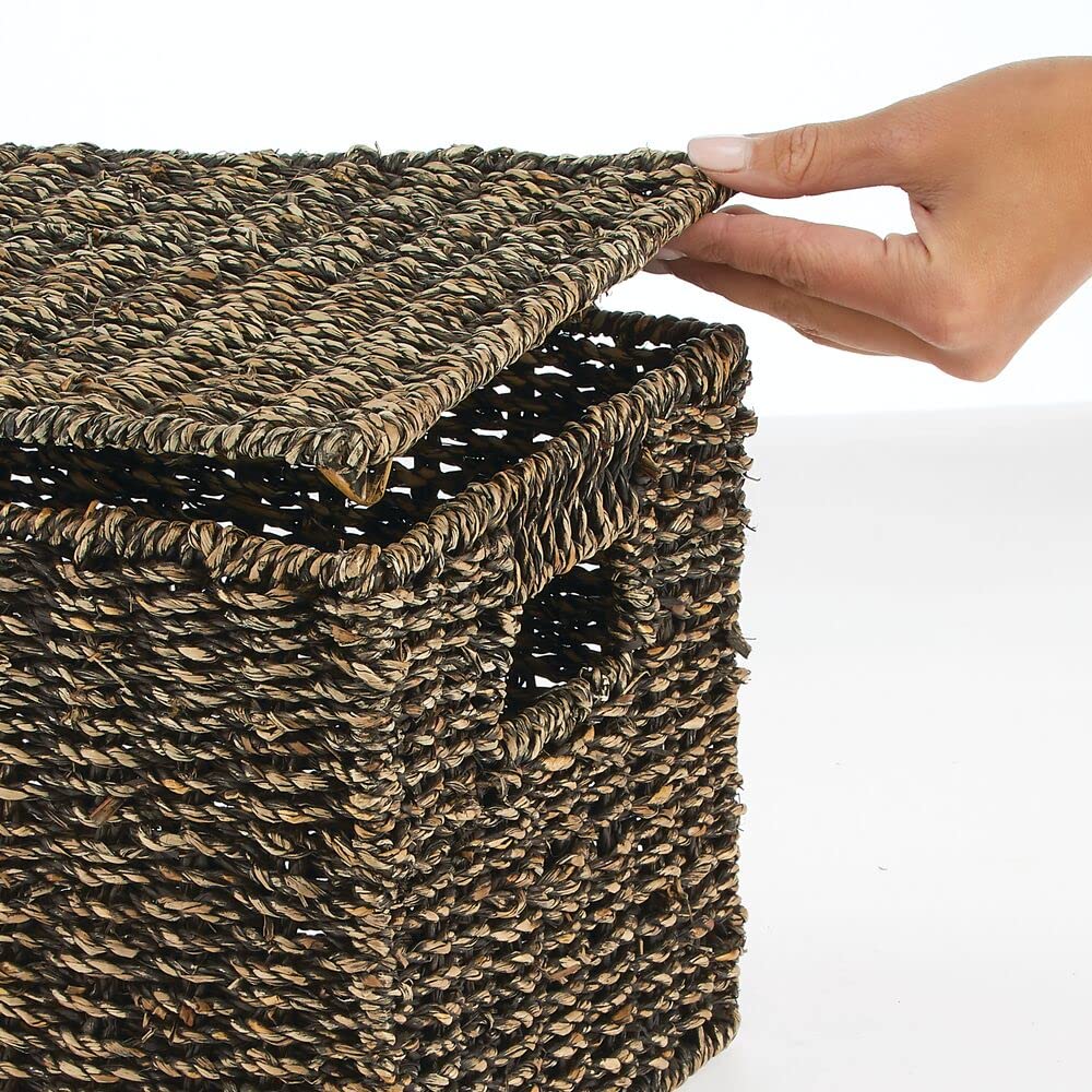 mDesign Natural Woven Seagrass Closet Storage Organizer Basket Bin with Removeable Lids to use in Closet, Bedroom, Bathroom, Entryway, Office - Set of 3 - Black Wash Finish