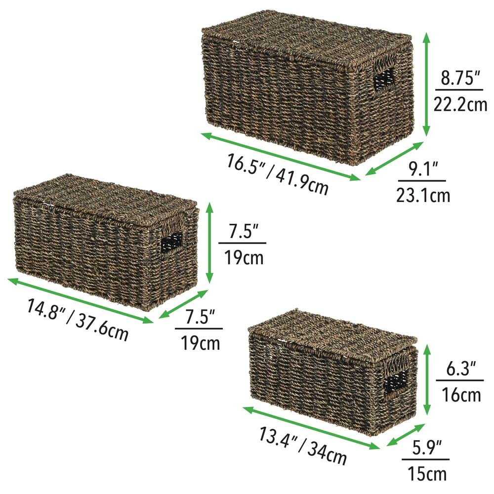 mDesign Natural Woven Seagrass Closet Storage Organizer Basket Bin with Removeable Lids to use in Closet, Bedroom, Bathroom, Entryway, Office - Set of 3 - Black Wash Finish