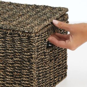 mDesign Natural Woven Seagrass Closet Storage Organizer Basket Bin with Removeable Lids to use in Closet, Bedroom, Bathroom, Entryway, Office - Set of 3 - Black Wash Finish