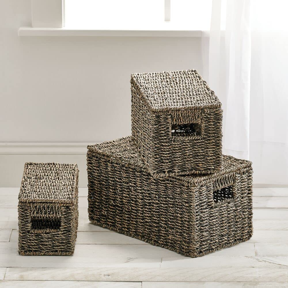 mDesign Natural Woven Seagrass Closet Storage Organizer Basket Bin with Removeable Lids to use in Closet, Bedroom, Bathroom, Entryway, Office - Set of 3 - Black Wash Finish