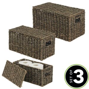 mDesign Natural Woven Seagrass Closet Storage Organizer Basket Bin with Removeable Lids to use in Closet, Bedroom, Bathroom, Entryway, Office - Set of 3 - Black Wash Finish