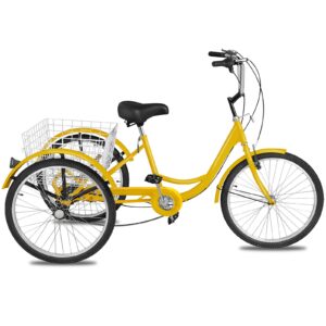 happybuy adult tricycle 7 speed cruise bike 20 inch adjustable trike with bell brake system cruiser bicycles large size basket for exercise (yellow 20 7speed)