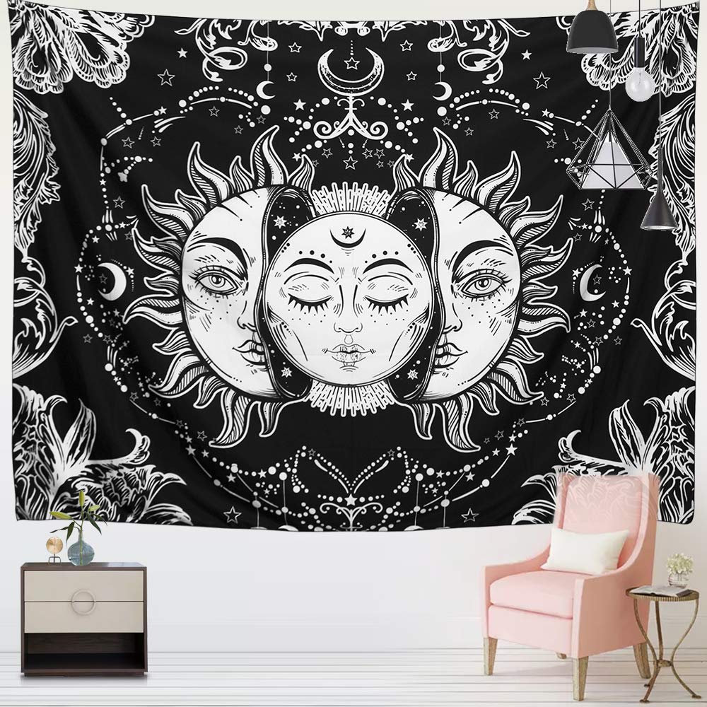 ARFBEAR Sun and Moon Tapestry, Sun with Stars Psychedelic Popular Mystic Wall Hanging Tapestry for bedroom aesthetic Black and White Beach Blanket (medium-59 x 51 in)