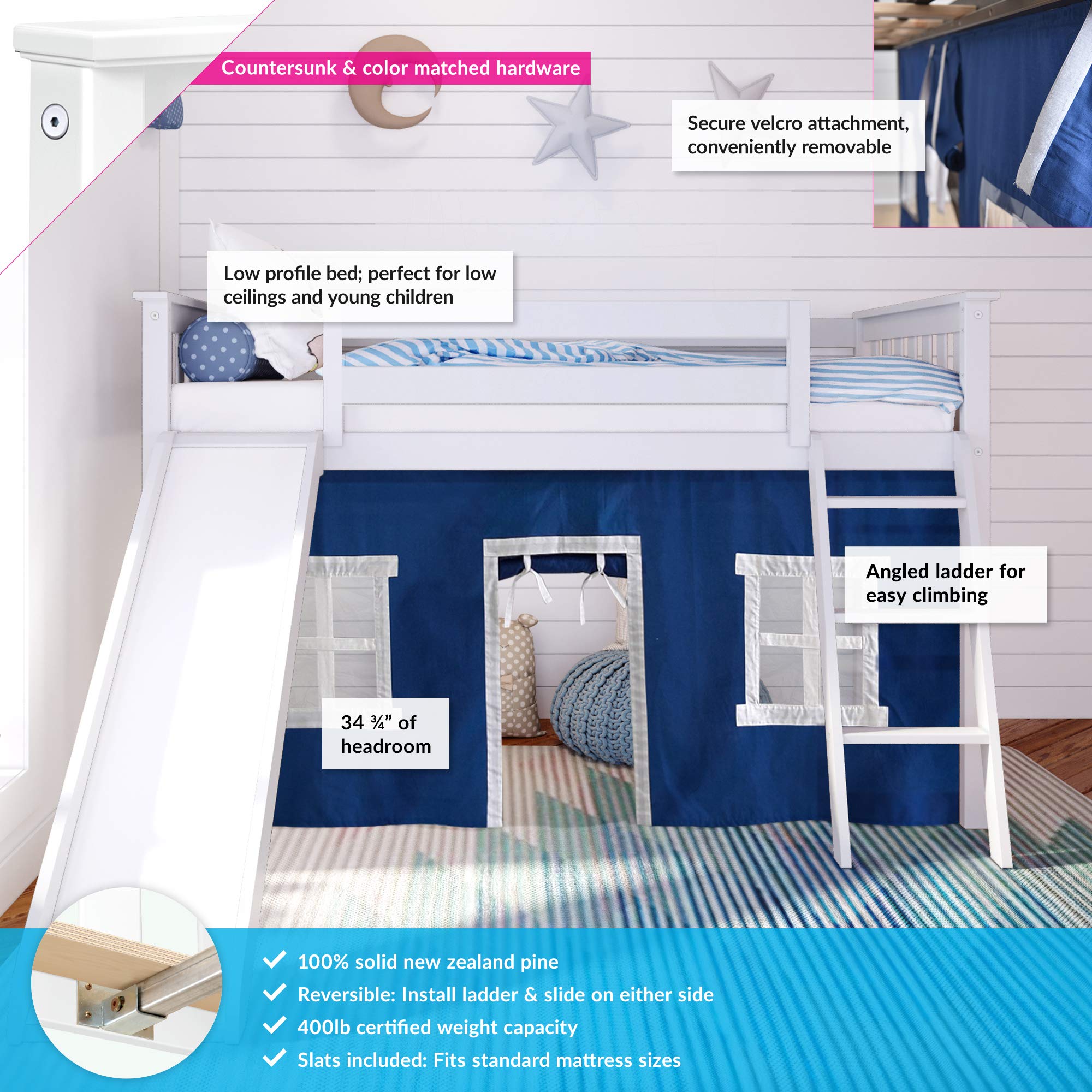 Max & Lily Low Loft Bed, Twin Bed Frame For Kids With Slide and Curtains For Bottom, White/Blue