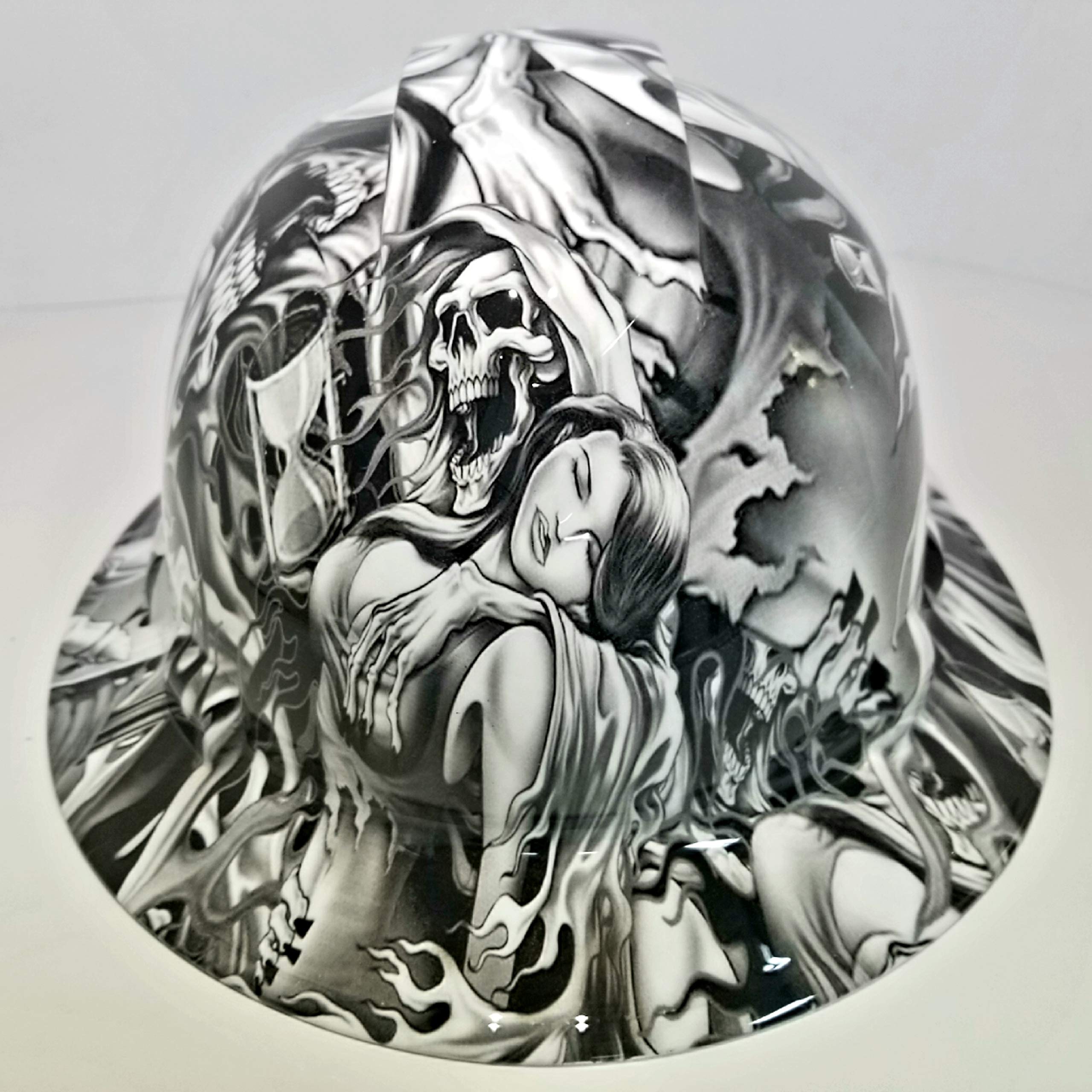 Wet Works Imaging Customized Pyramex Full Brim Hydro Dipped in White Soul Reaper Hard HAT with Ratcheting Suspension Custom LIDS Crazy Sick Construction PPE