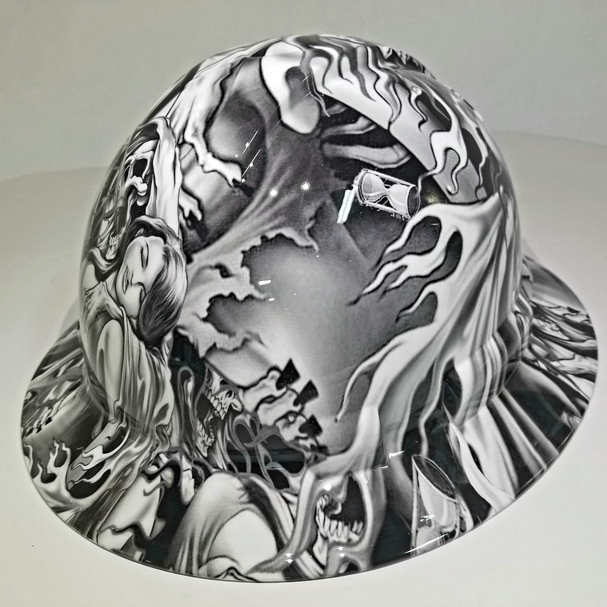 Wet Works Imaging Customized Pyramex Full Brim Hydro Dipped in White Soul Reaper Hard HAT with Ratcheting Suspension Custom LIDS Crazy Sick Construction PPE