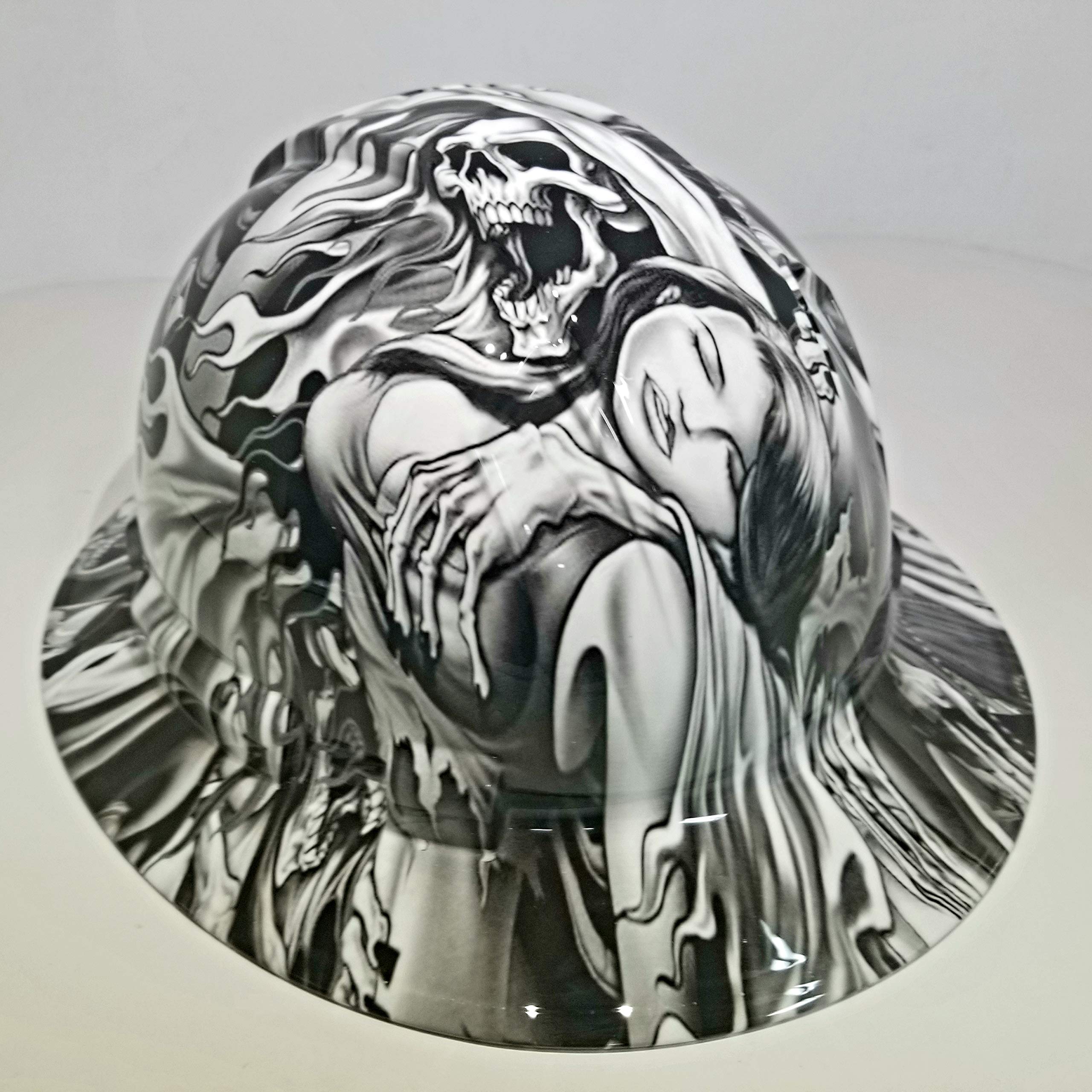 Wet Works Imaging Customized Pyramex Full Brim Hydro Dipped in White Soul Reaper Hard HAT with Ratcheting Suspension Custom LIDS Crazy Sick Construction PPE