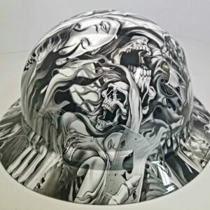 Wet Works Imaging Customized Pyramex Full Brim Hydro Dipped in White Soul Reaper Hard HAT with Ratcheting Suspension Custom LIDS Crazy Sick Construction PPE