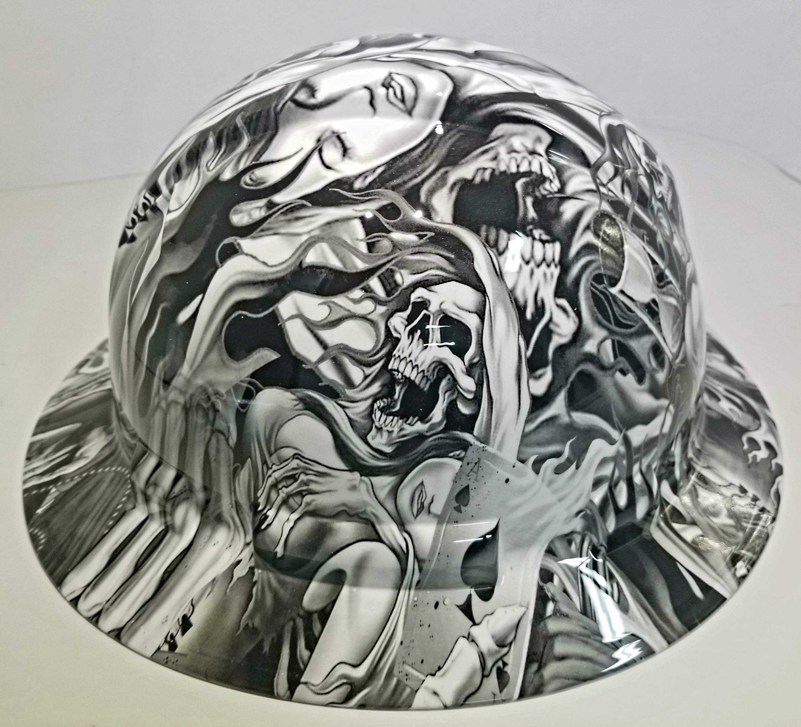 Wet Works Imaging Customized Pyramex Full Brim Hydro Dipped in White Soul Reaper Hard HAT with Ratcheting Suspension Custom LIDS Crazy Sick Construction PPE