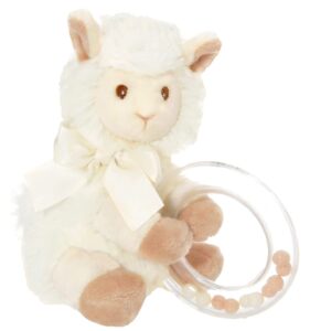 bearington baby lil’ alma stuffed animal rattle: 5.5” llama shaker toy with soft plush faux-fur, satin bow, clear ring and moving beads; makes a great baby shower gift