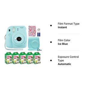 Fujifilm Instax Mini 9 Instant Camera Ice Blue with Custom Case + Fuji Instax Film Value Pack (50 Sheets) Flamingo Designer Photo Album for Photos