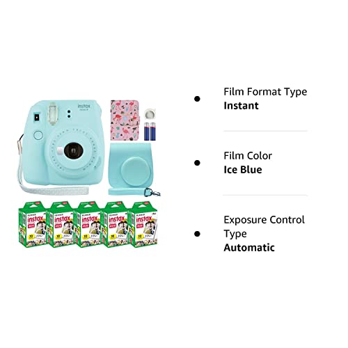 Fujifilm Instax Mini 9 Instant Camera Ice Blue with Custom Case + Fuji Instax Film Value Pack (50 Sheets) Flamingo Designer Photo Album for Photos