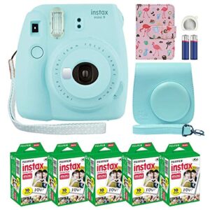 fujifilm instax mini 9 instant camera ice blue with custom case + fuji instax film value pack (50 sheets) flamingo designer photo album for photos