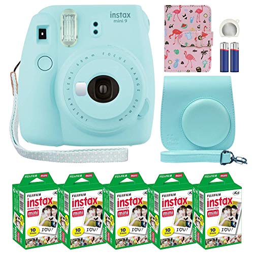 Fujifilm Instax Mini 9 Instant Camera Ice Blue with Custom Case + Fuji Instax Film Value Pack (50 Sheets) Flamingo Designer Photo Album for Photos