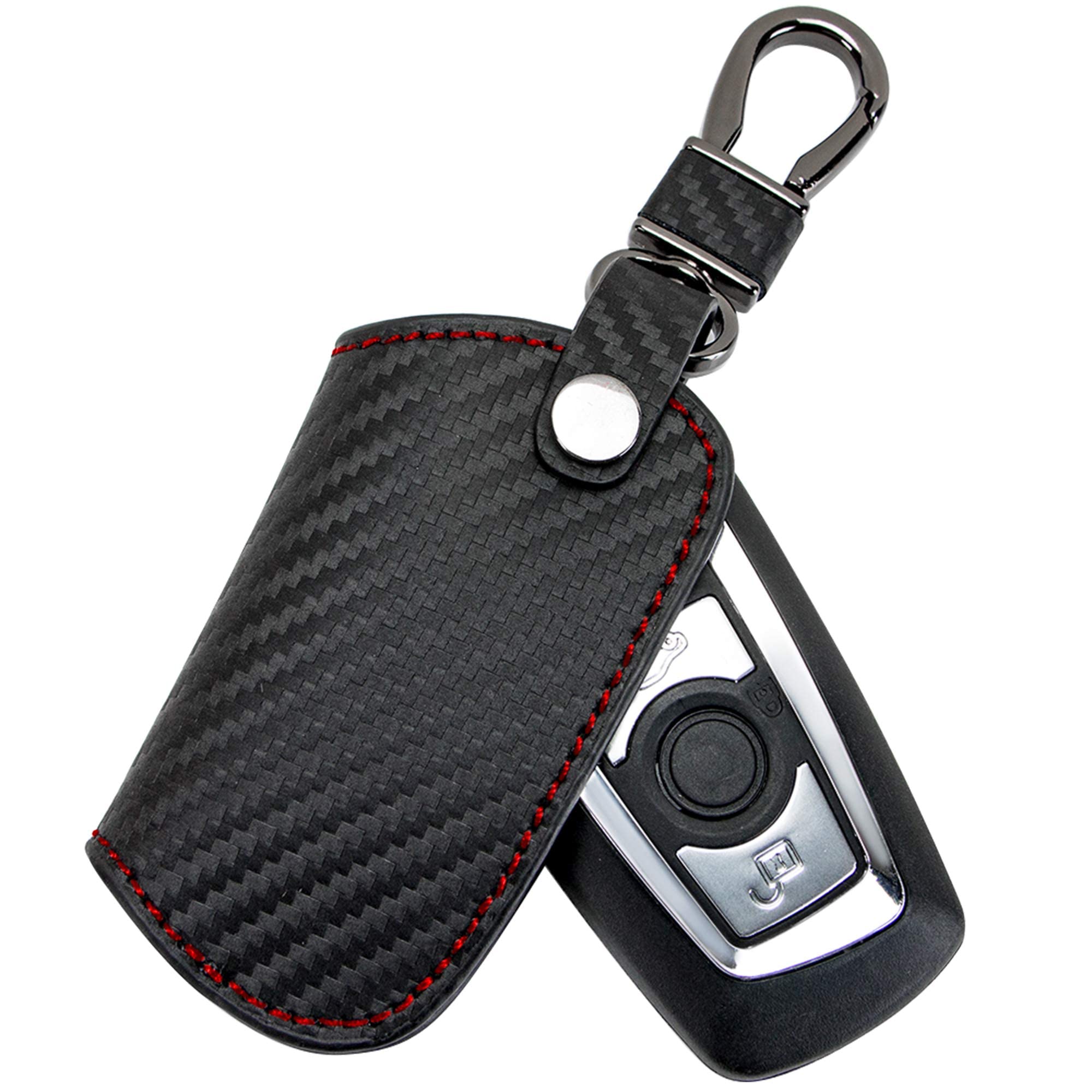 AeroBon Red-Stitch Leather Keychain Key Fob Cover Kit Compatible with BMW Key Fob (F Type)