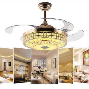 RuiWing 42" Luxury Crystal Fandelier Bluetooth Ceiling Fan with Light and Speaker, Modern Ceiling Fan Chandelier with Remote Control Retractable Invisible Music Player for Living Room