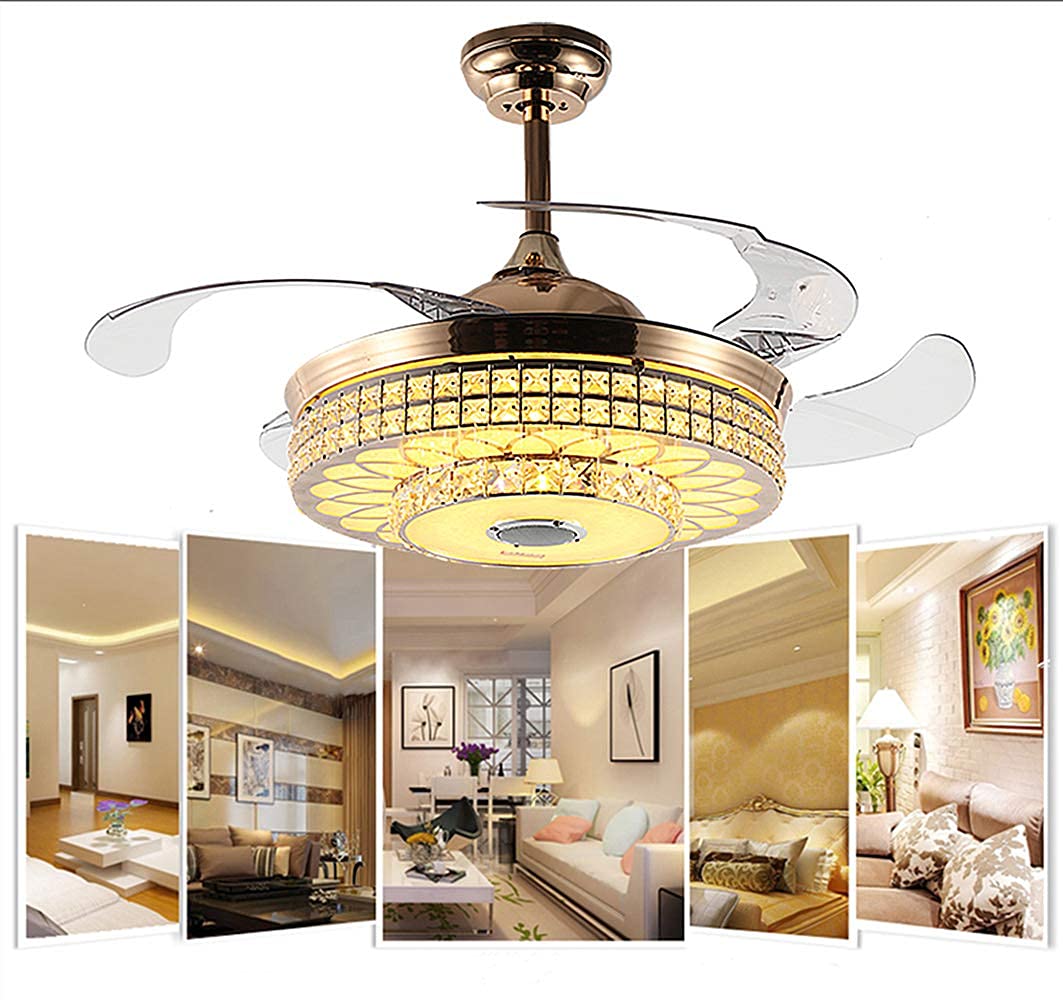 RuiWing 42" Luxury Crystal Fandelier Bluetooth Ceiling Fan with Light and Speaker, Modern Ceiling Fan Chandelier with Remote Control Retractable Invisible Music Player for Living Room