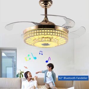 RuiWing 42" Luxury Crystal Fandelier Bluetooth Ceiling Fan with Light and Speaker, Modern Ceiling Fan Chandelier with Remote Control Retractable Invisible Music Player for Living Room