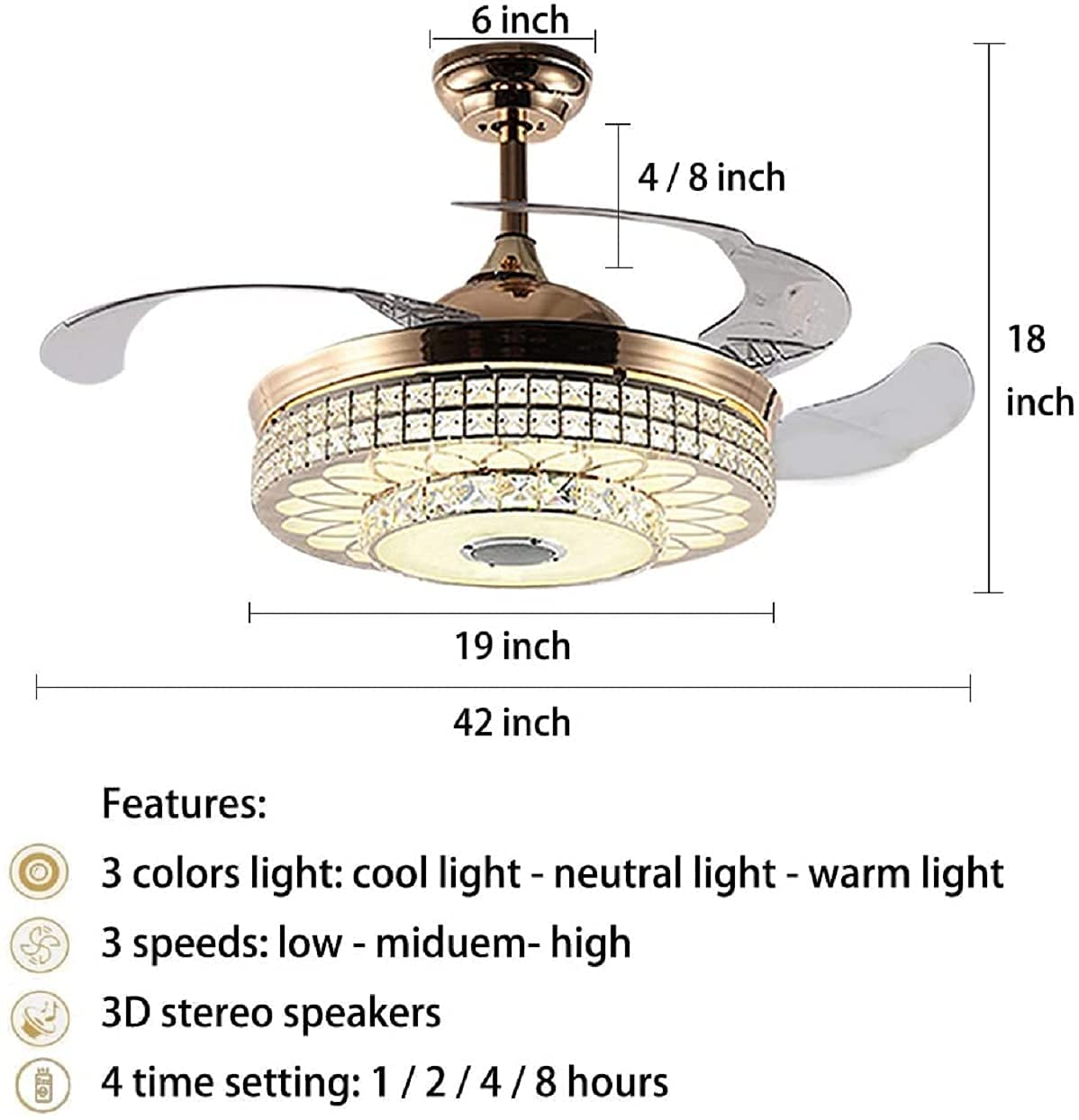 RuiWing 42" Luxury Crystal Fandelier Bluetooth Ceiling Fan with Light and Speaker, Modern Ceiling Fan Chandelier with Remote Control Retractable Invisible Music Player for Living Room