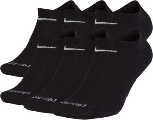 nike dri-fit training everyday plus max cushioned no-show socks 6 pair black white swoosh logo) large 8-12