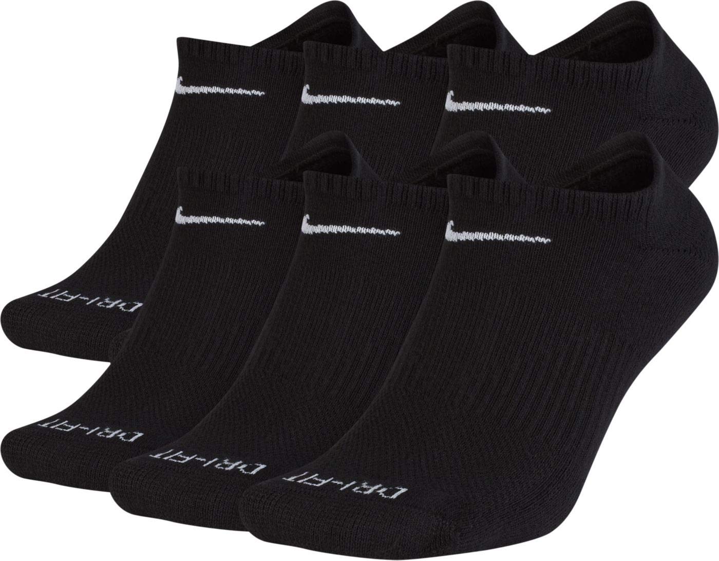 NIKE Dri-Fit Training Everyday PLUS MAX Cushioned No-Show Socks 6 PAIR Black White Swoosh Logo) LARGE 8-12