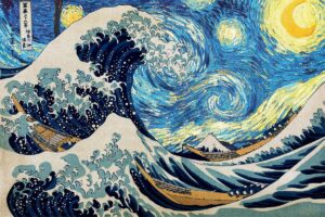 starry night and the great wave off kanagawa - canvas or print wall