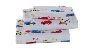 better home style multicolor cranes backhoes construction equipment trucks fire engine design for kids/boys 3 piece sheet set with pillowcase flat and fitted sheets # crane (twin)