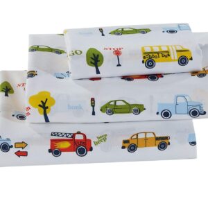 Better Home Style Cars Fire Trucks School Buses Traffic Signs Trees Multicolor Fun Design for Kids/Boys 3 Piece Sheet Set with Pillowcase Flat and Fitted Sheets # School Bus (Twin)