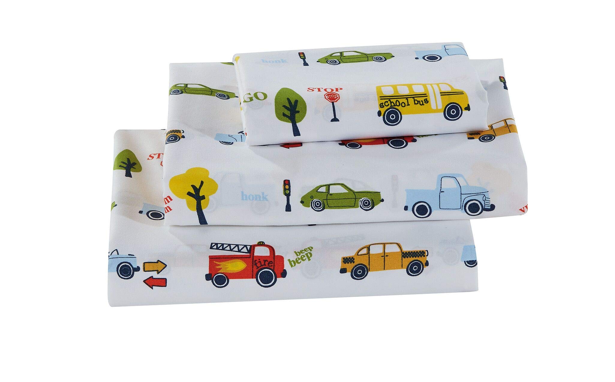 Better Home Style Cars Fire Trucks School Buses Traffic Signs Trees Multicolor Fun Design for Kids/Boys 3 Piece Sheet Set with Pillowcase Flat and Fitted Sheets # School Bus (Twin)