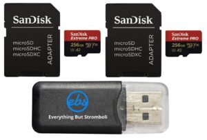 sandisk 256gb micro sdxc extreme pro memory card (2 pack) works with gopro hero 8 black, max 360 cam u3 v30 4k class 10 (sdsqxcz-256g-gn6ma) bundle with (1) everything but stromboli microsd reader