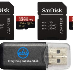 SanDisk 256GB Micro SDXC Extreme Pro Memory Card (2 Pack) Works with GoPro Hero 8 Black, Max 360 Cam U3 V30 4K Class 10 (SDSQXCZ-256G-GN6MA) Bundle with (1) Everything But Stromboli MicroSD Reader