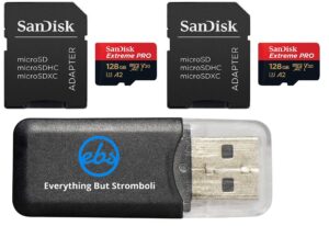 sandisk 128gb micro sdxc extreme pro memory card 2 pack works with gopro hero 8 black, max 360 action cam u3 v30 4k a2 class 10 (sdsqxcd-128g-gn6ma) bundle with 1 everything but stromboli card reader