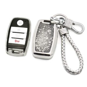 senauto quicksand key fob cover case keychain for kia smart keyless entry remote key (silver)