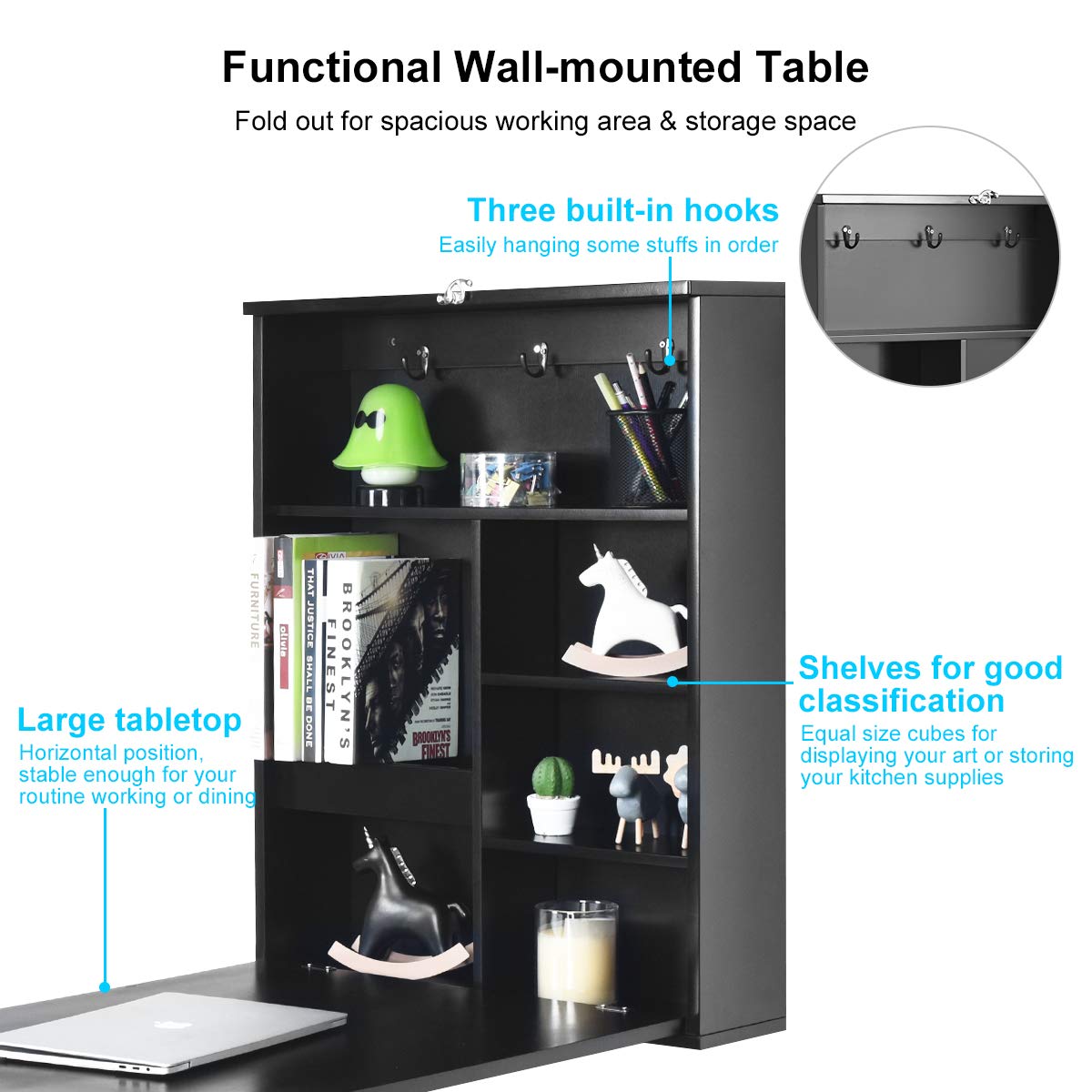 Tangkula Folding Wall Mounted Desk, Floating Desk with Chalkboard, Space Saving Fold Up Desk Wall Convertible Desk, Wall Table with Storage Shelves & Hooks (Black)