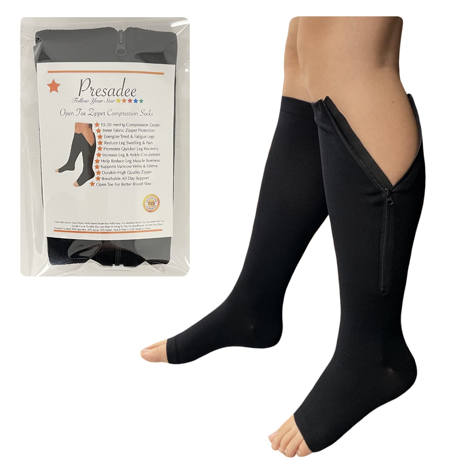 Presadee Open Toe 15-20 mmHg Moderate Compression Leg Calf Swelling Zipper Sock (Black, L/XL)