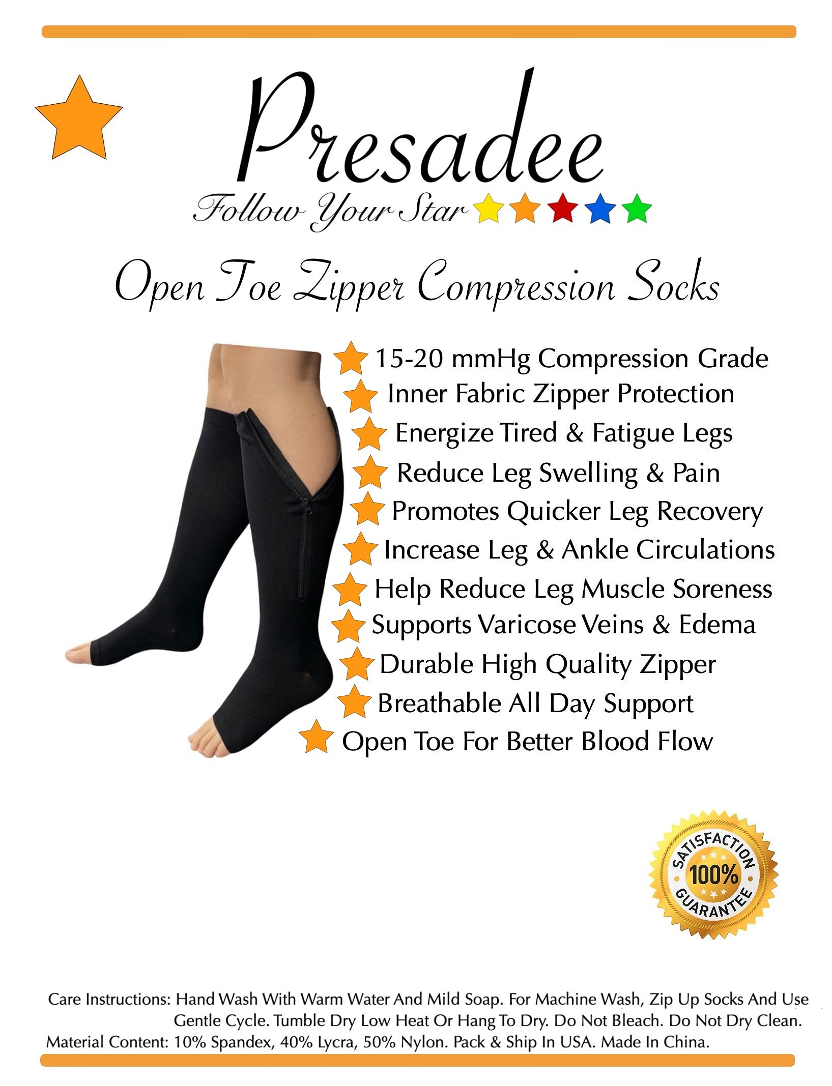 Presadee Open Toe 15-20 mmHg Moderate Compression Leg Calf Swelling Zipper Sock (Black, L/XL)