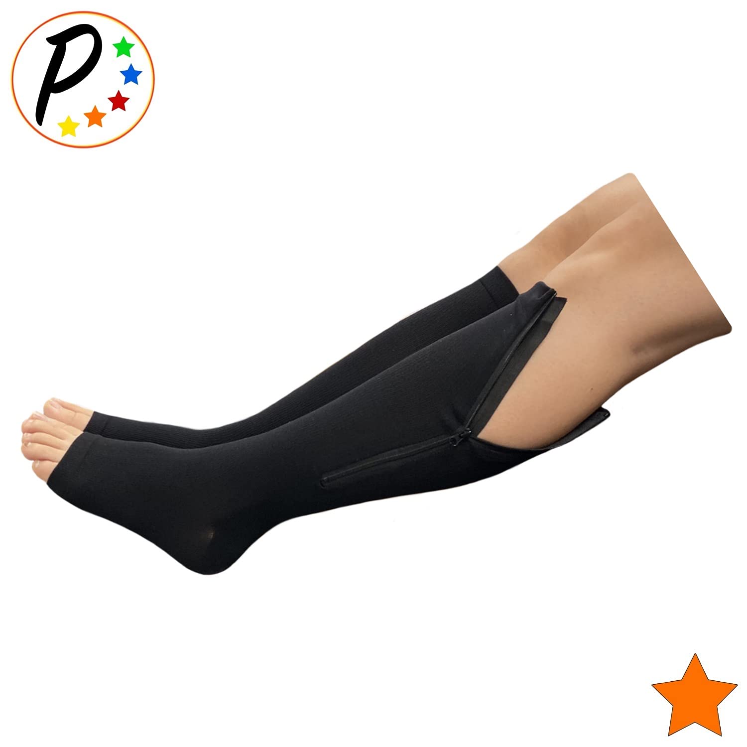 Presadee Open Toe 15-20 mmHg Moderate Compression Leg Calf Swelling Zipper Sock (Black, L/XL)