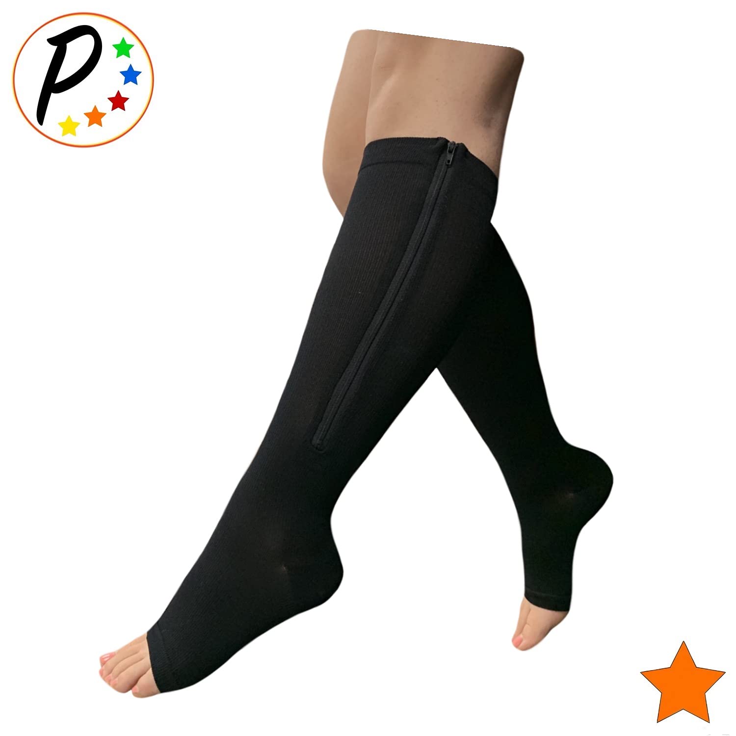 Presadee Open Toe 15-20 mmHg Moderate Compression Leg Calf Swelling Zipper Sock (Black, L/XL)