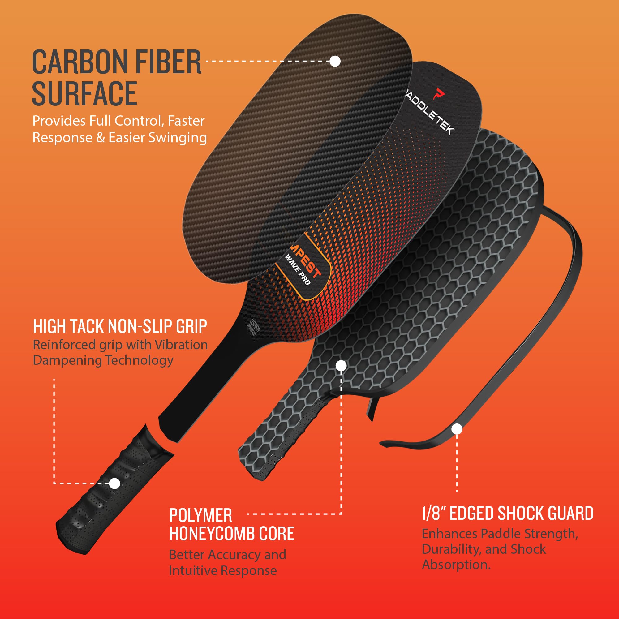 Paddletek Tempest Wave Pro Pickleball Paddle | Professional Pickleball Paddles with Carbon Fiber Surface, Tempest SRT Honeycomb Core & High Tack Performance Grip | USAPA Approved