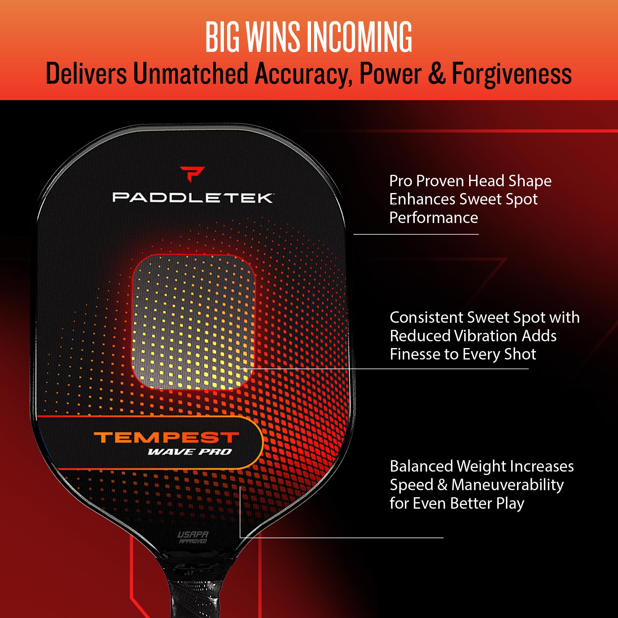 Paddletek Tempest Wave Pro Pickleball Paddle | Professional Pickleball Paddles with Carbon Fiber Surface, Tempest SRT Honeycomb Core & High Tack Performance Grip | USAPA Approved