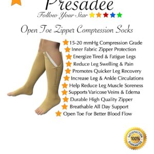 Presadee Open Toe 15-20 mmHg Moderate Compression Leg Calf Swelling Zipper Sock (Beige, 2XL)