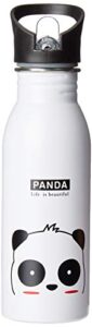 happy haystack stainless water bottle with panda design 600ml with sport top (white)